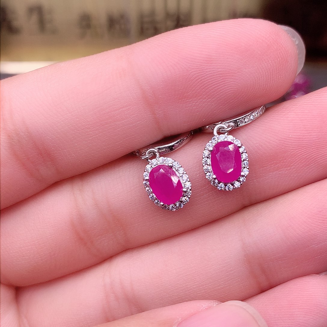 红宝石耳饰银S925镶嵌