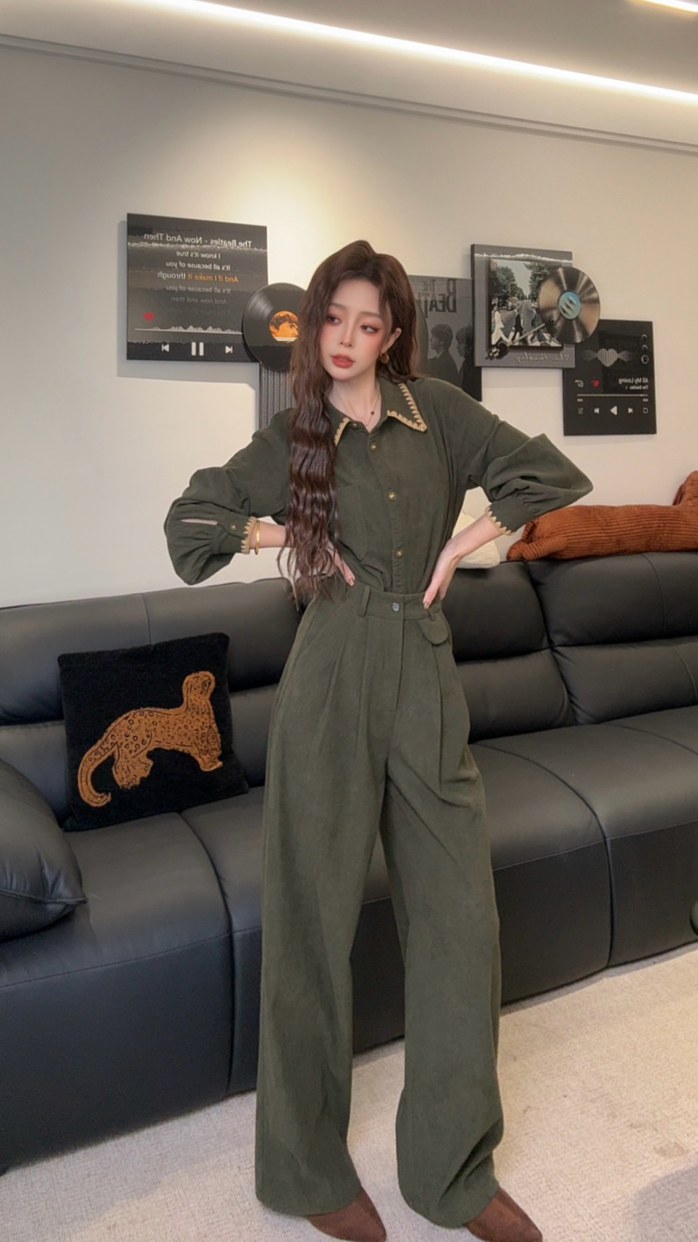 复古松林绿阔腿超显腿长氛围感穿搭小众设计款套装 L-022+L-044-1