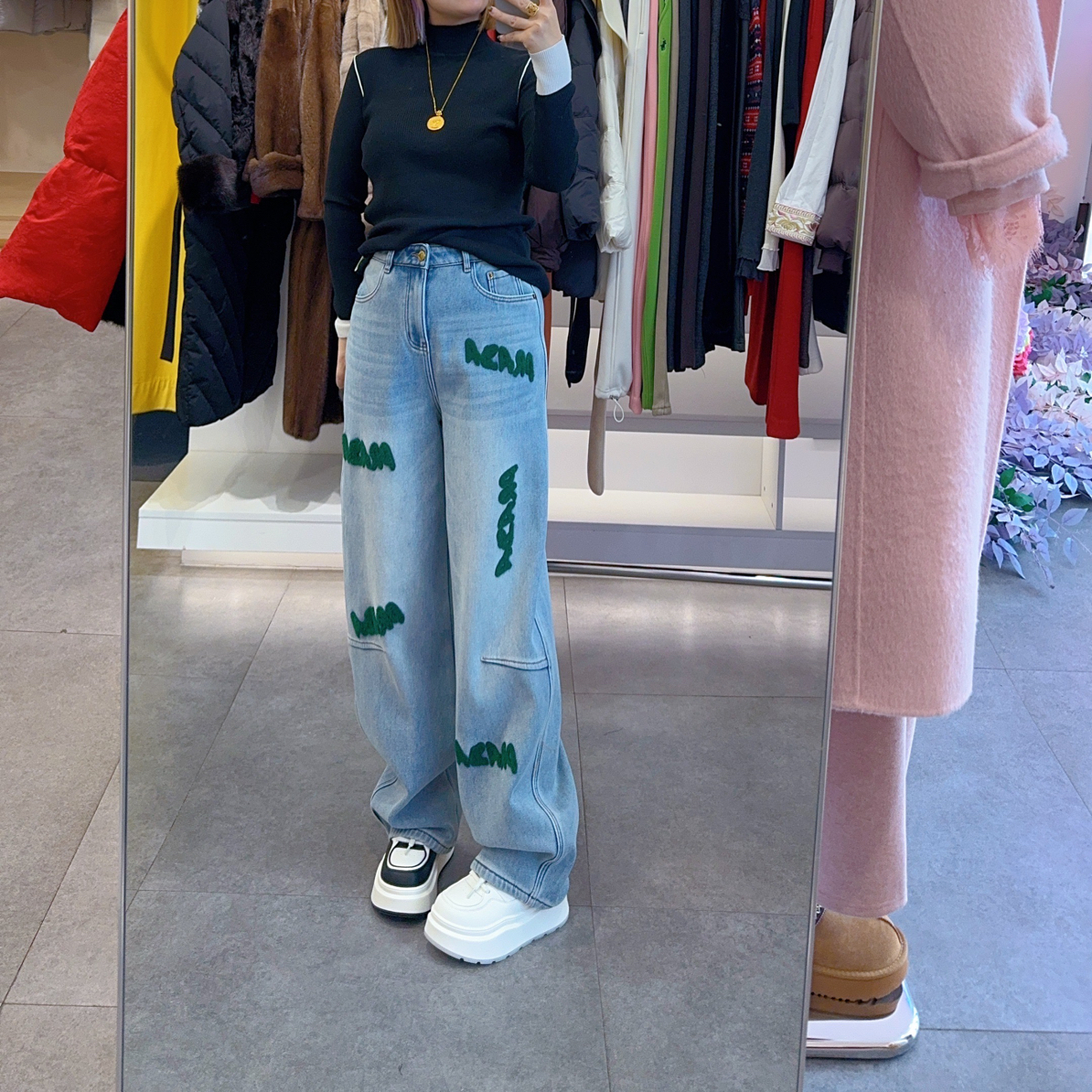 淡彩【美式复古刺绣】阔腿牛仔裤女高腰宽松显瘦百搭直筒长裤腰