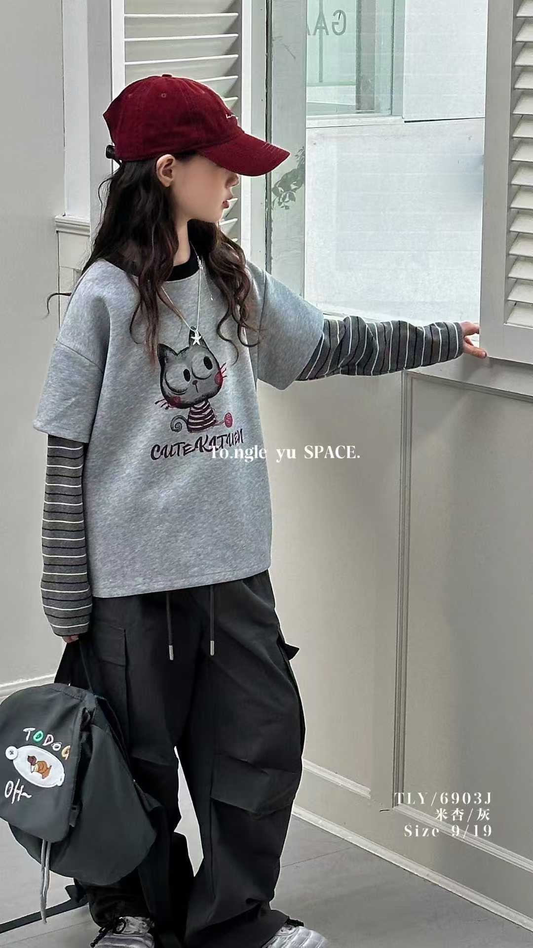 洋气休闲长袖圆领假两件宽松T袖时尚卡通上衣女童
