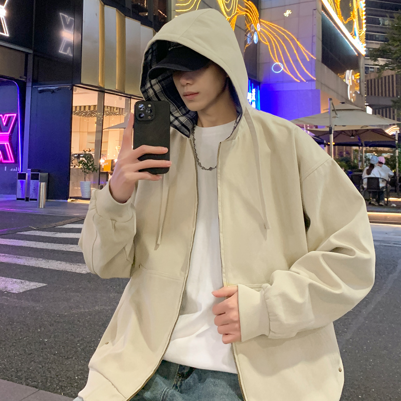 Ree seven美式复古格子连帽衫拉链抽绳宽松休闲夹克外套男女同款
