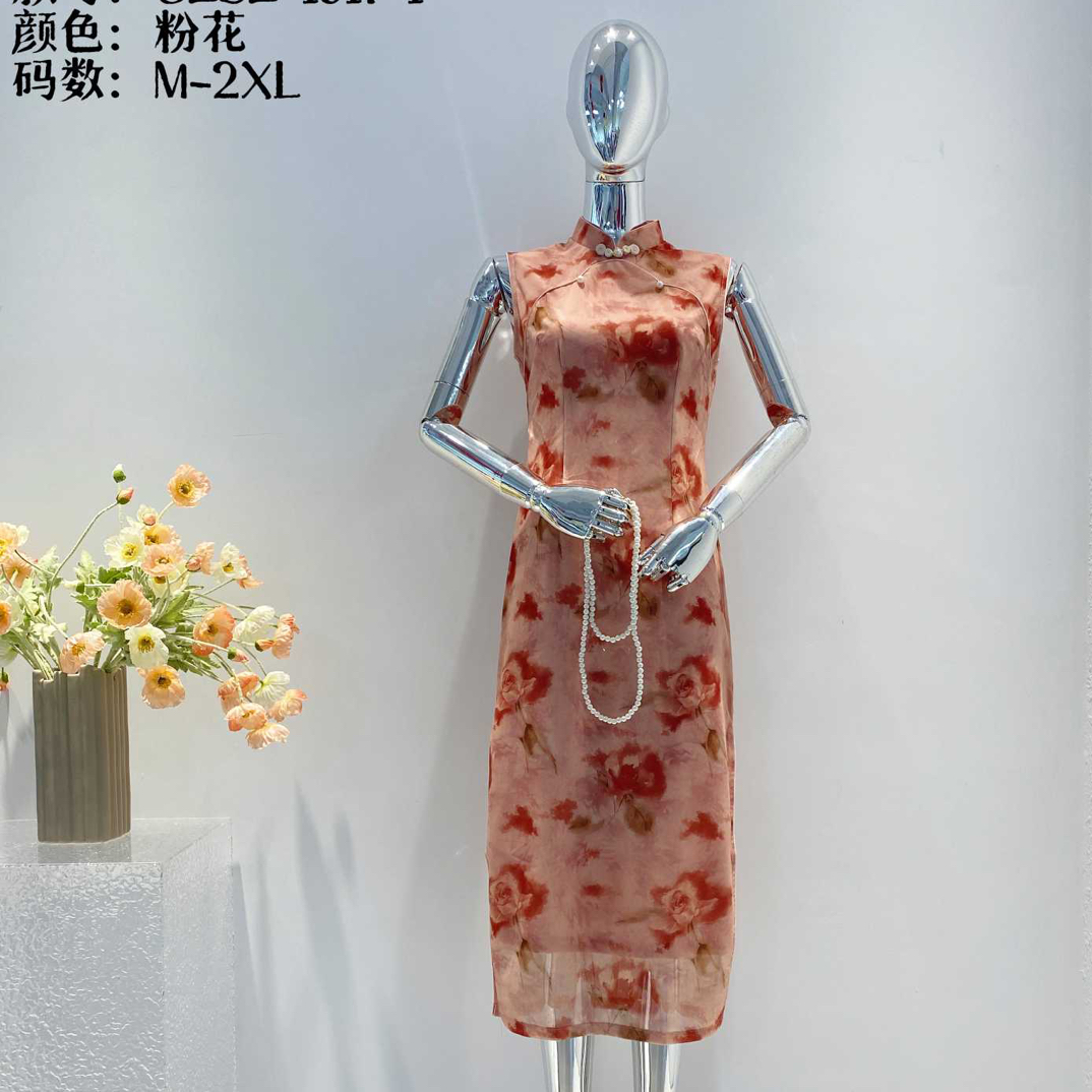 荷青川真丝旗袍无袖旗袍粉色旗袍