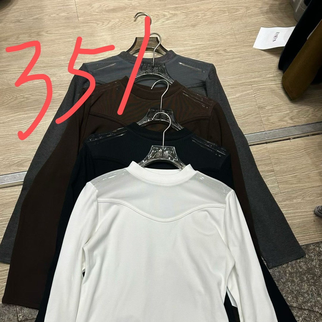 351(薄绒)半高领网纱拼接加绒长袖打底衫T恤修身显瘦女