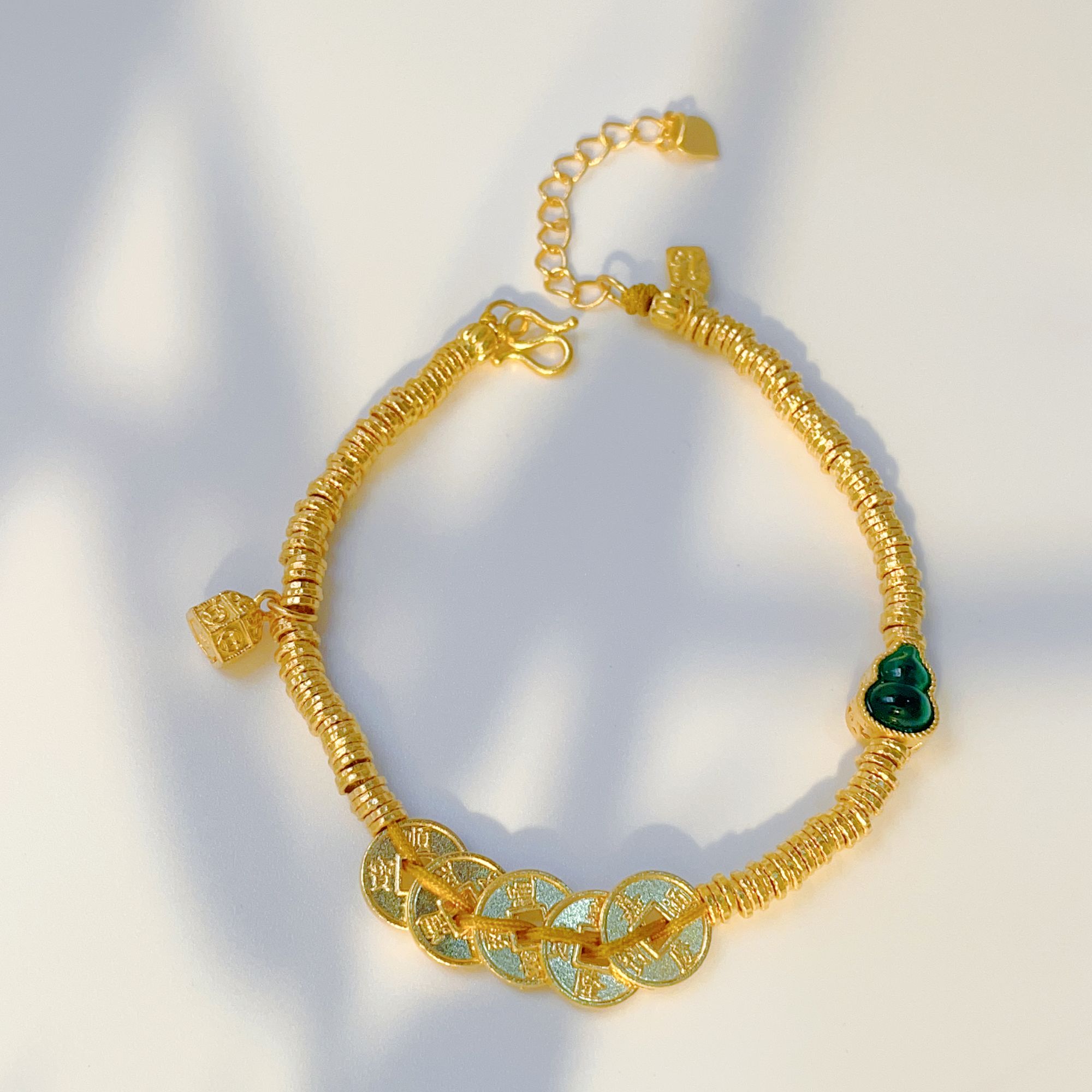 足金古法五帝币珐琅绿葫芦手链黄金碎碎金手链送女友老婆礼物