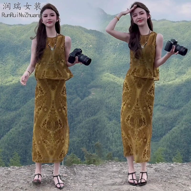 休闲风中长款复古时尚套装套装显瘦上衣时尚轻奢淑女装2025两件套