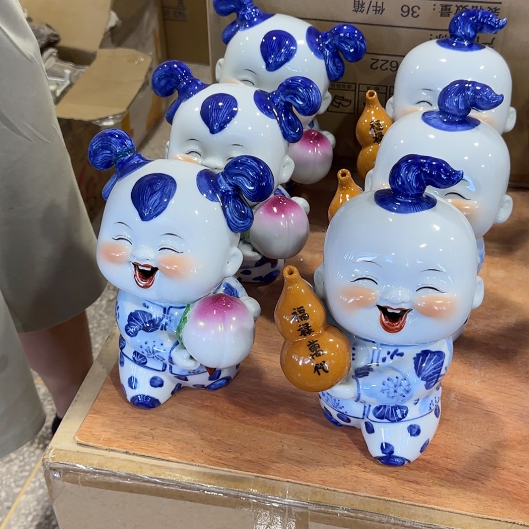 瓷片健康长寿福娃一对