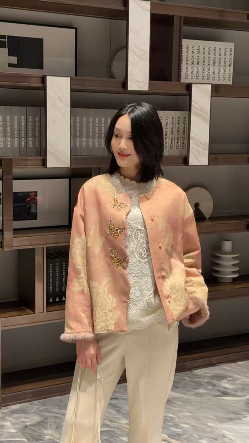 【春水繁星】短外套秋冬新中式中国风圆领繁花提花盘扣上衣加棉