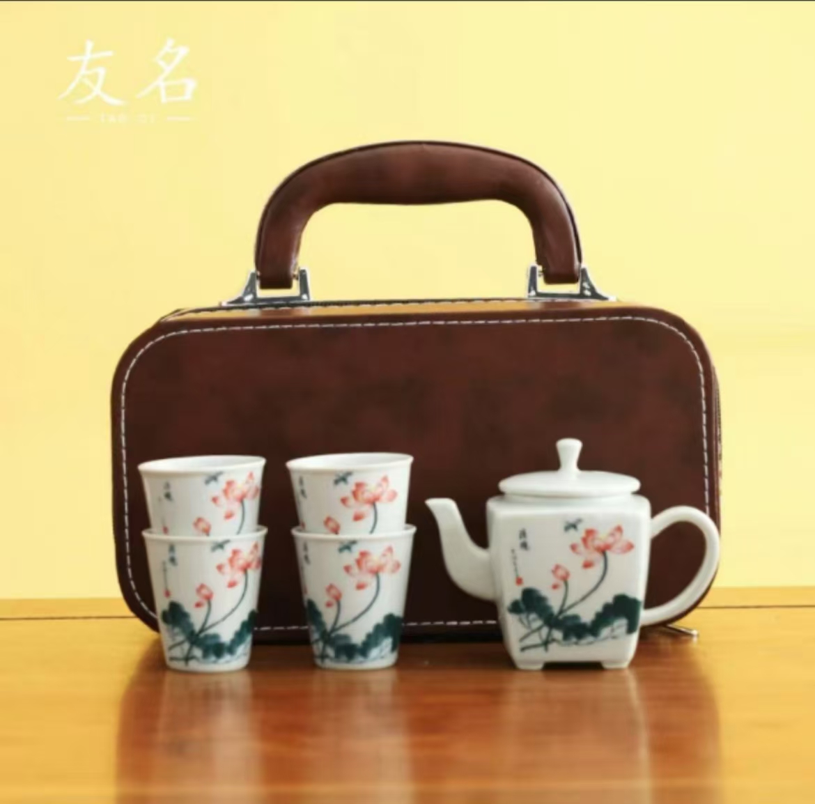 陶子茶具 鱼戏荷莲草木灰四方壶加四杯-3345（直播专享）