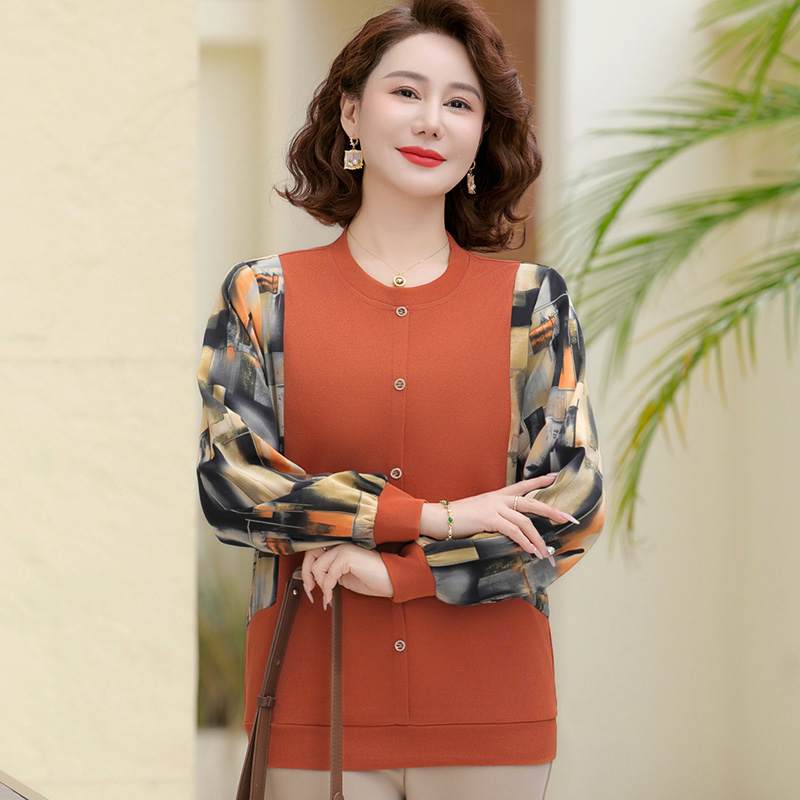 中老年长袖上衣时尚小衫女装中年妈妈装纱袖春秋T恤宽松秋装新款