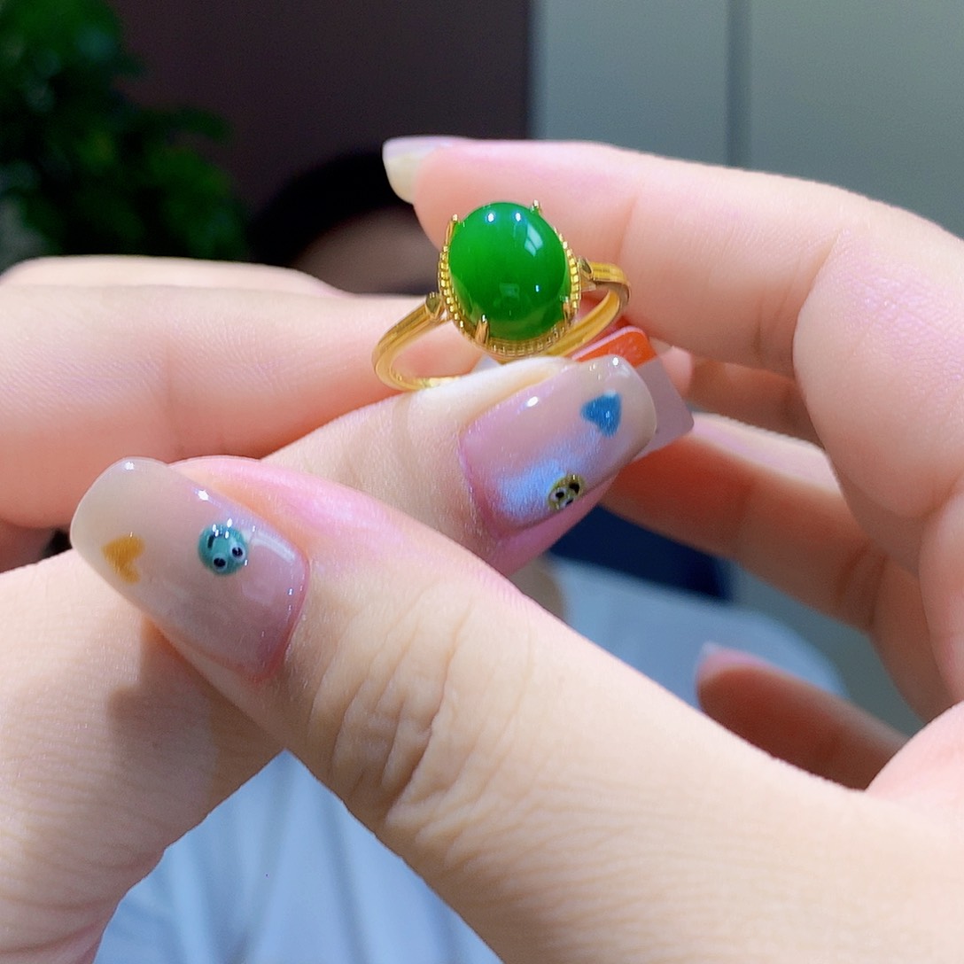 和田玉（碧玉）戒指银S925镀金镶嵌