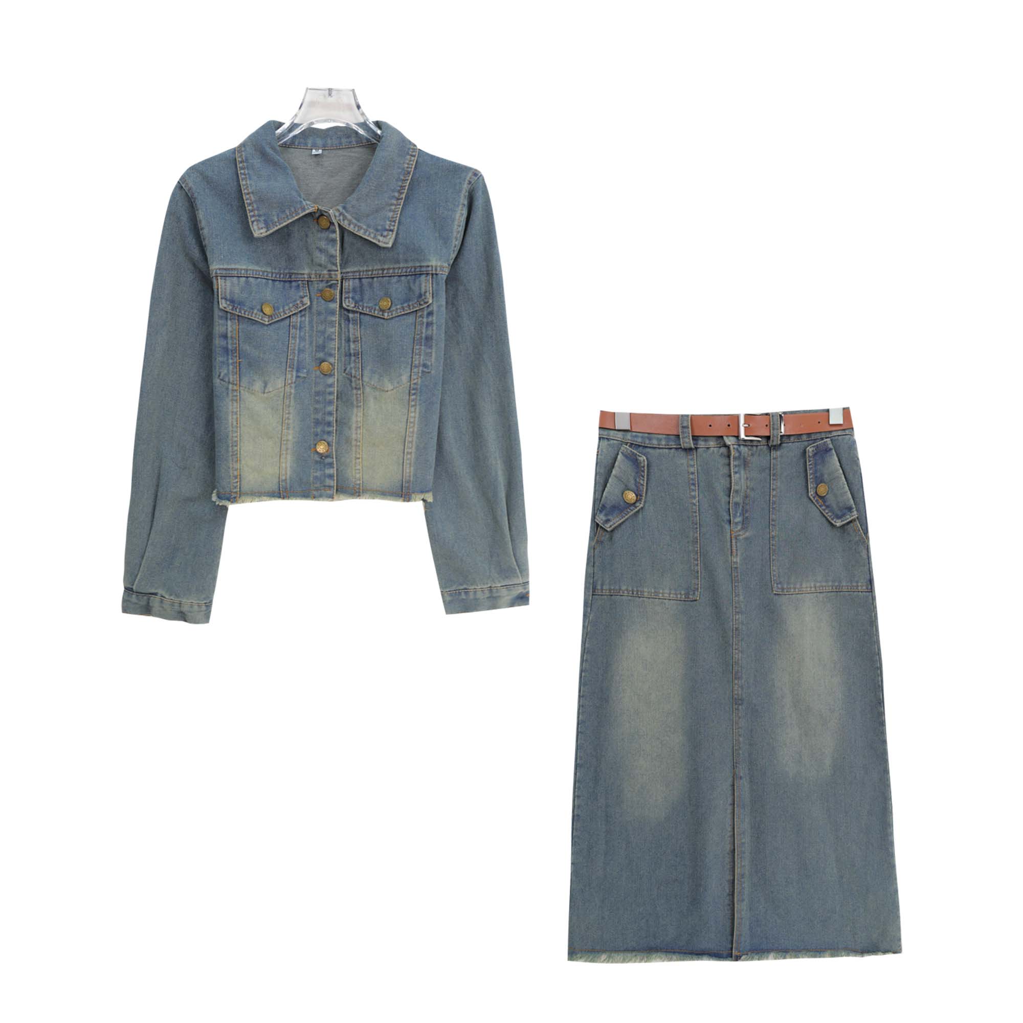 S复古港风气质潮流短上衣开叉半身裙牛仔套装（赠腰带）S4252