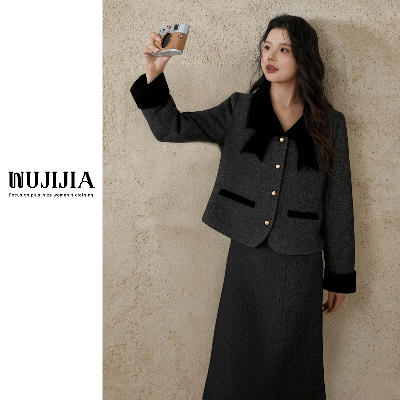 【五季家大码】冬季气质植绒波点外套+半裙套装ZL100938