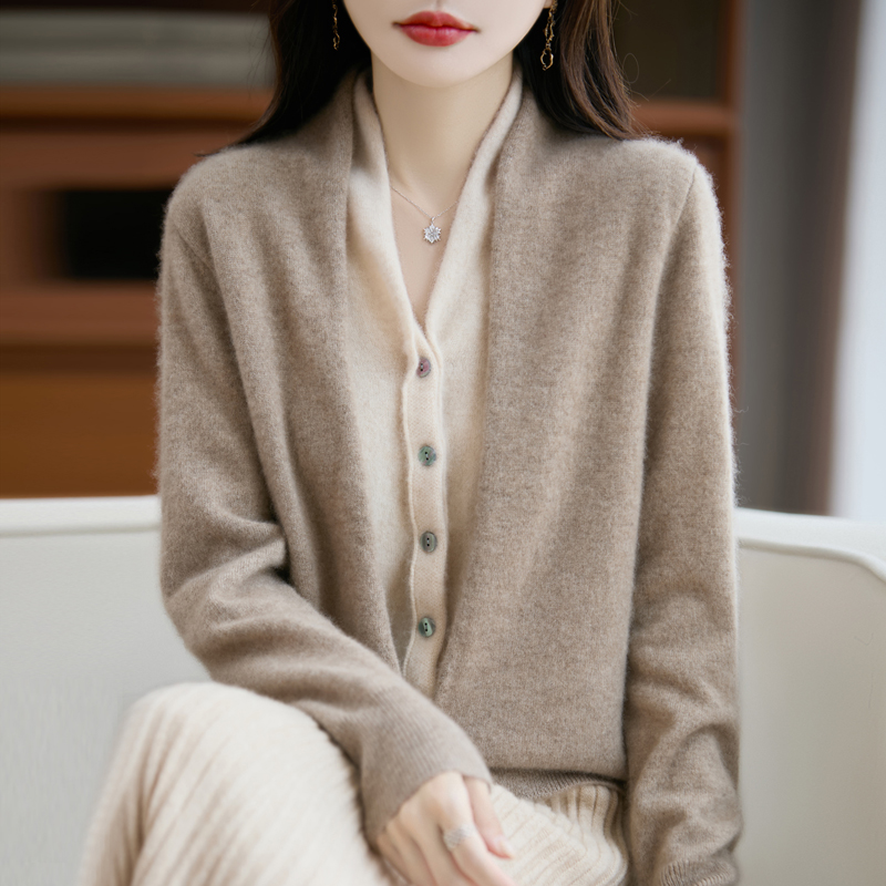 假两件针织开衫女2025秋冬新款洋气减龄V领收腰上衣灰色毛衣外套