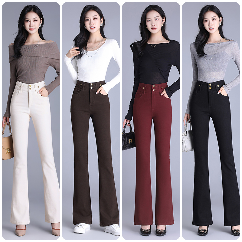 双11高腰微喇裤弹力百搭修身时尚长裤安哥拉红复古休闲裤子9823