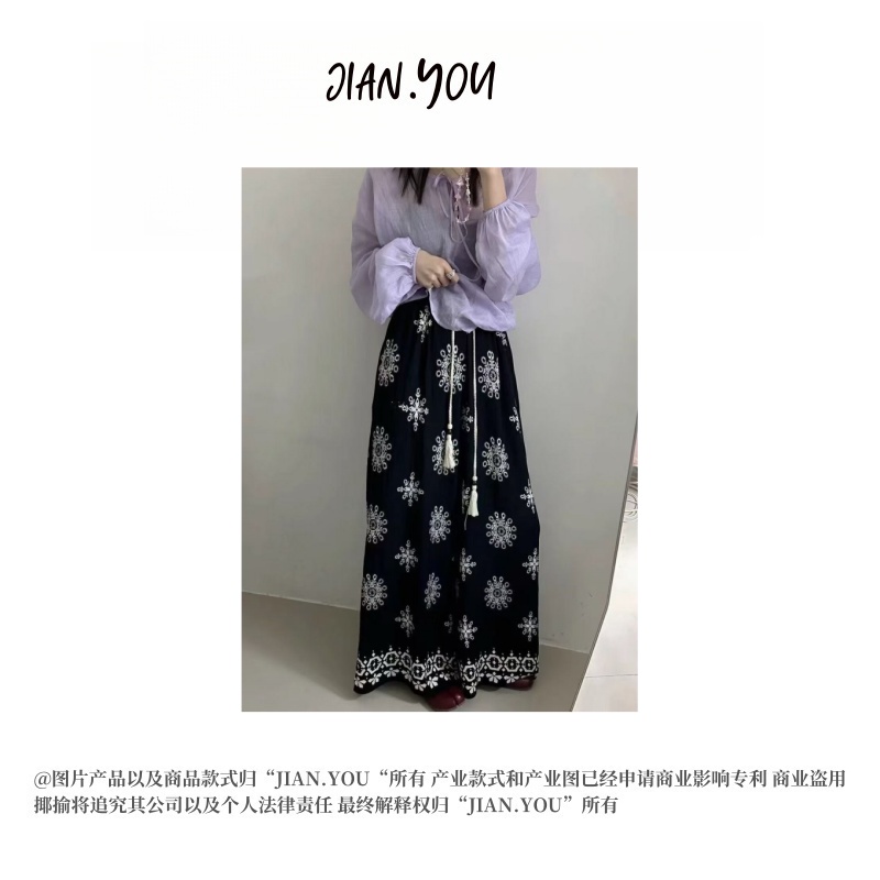 JIANYOU-[民族风]2025夏季新款复古碎花抽绳百搭直筒裤AC-602