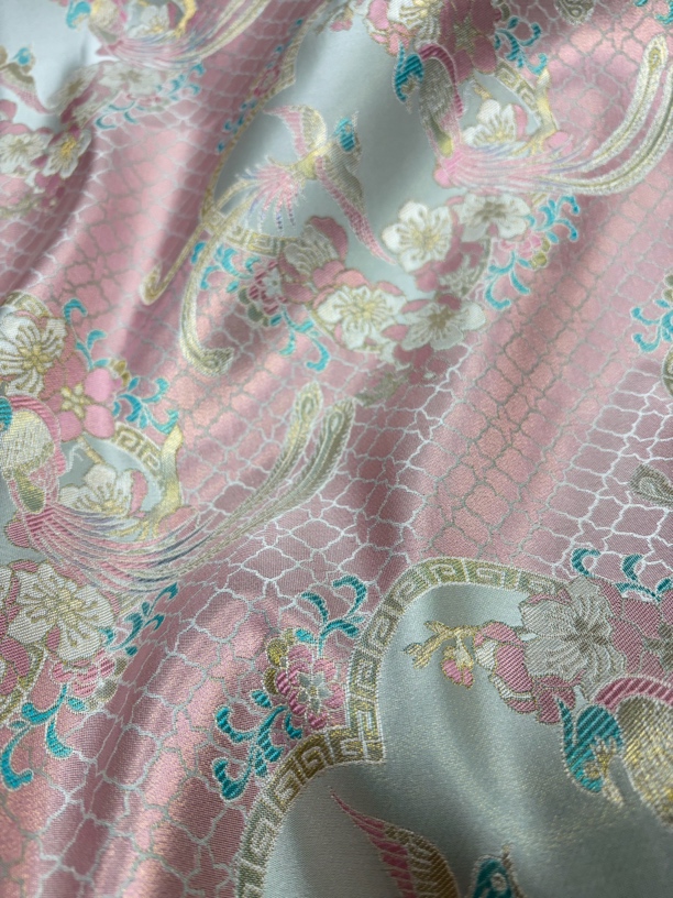 杏花绶带鸟 桑蚕丝人丝织金新宋锦 国风新中式服装面料