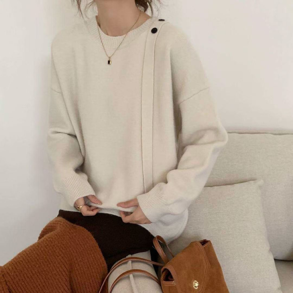 【亏本清仓】圆领毛衣女宽松套头设计感冬加厚慵懒风毛衣