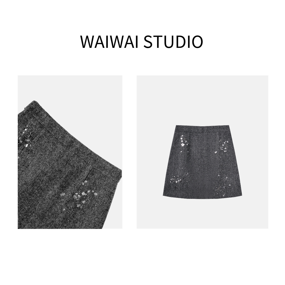 【星尘】显瘦混色粗花呢羊毛重工绣珠百搭半裙 Q53B237