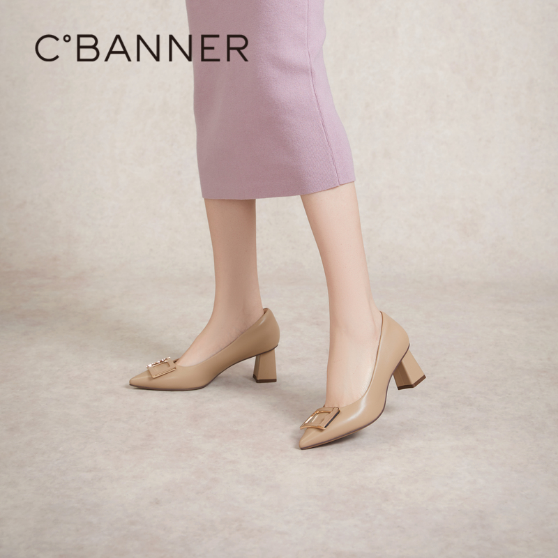 千百度羊皮鞋粗高跟鞋春季浅口尖头通勤法式单鞋A24150432