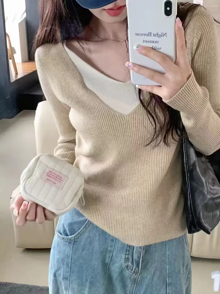 大码新款休闲假两件针织衫女装秋季胖MM遮肉显瘦长袖上衣4C06#