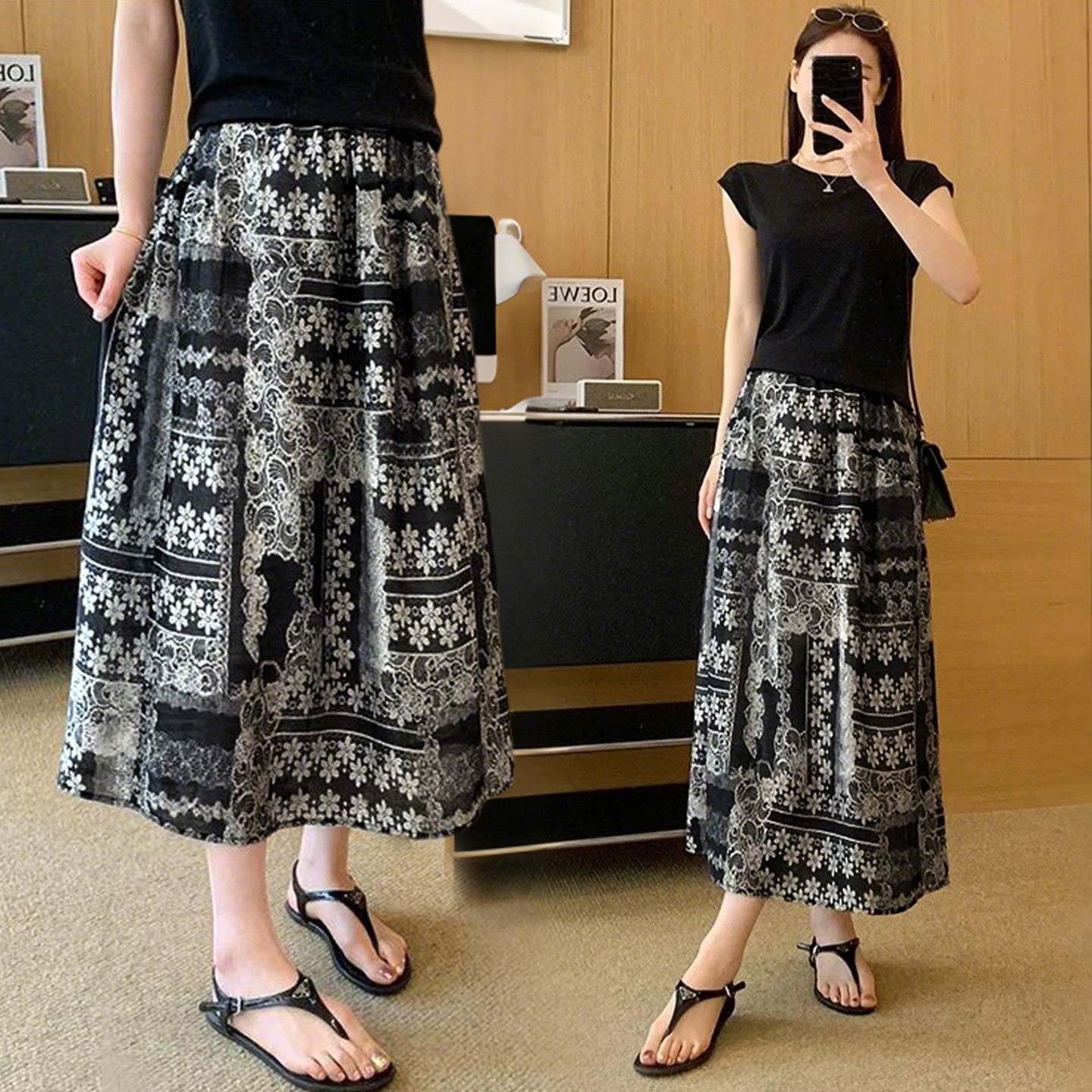 时尚百搭花团锦簇大摆显瘦半身裙2025夏季新款复古印花半身裙4852
