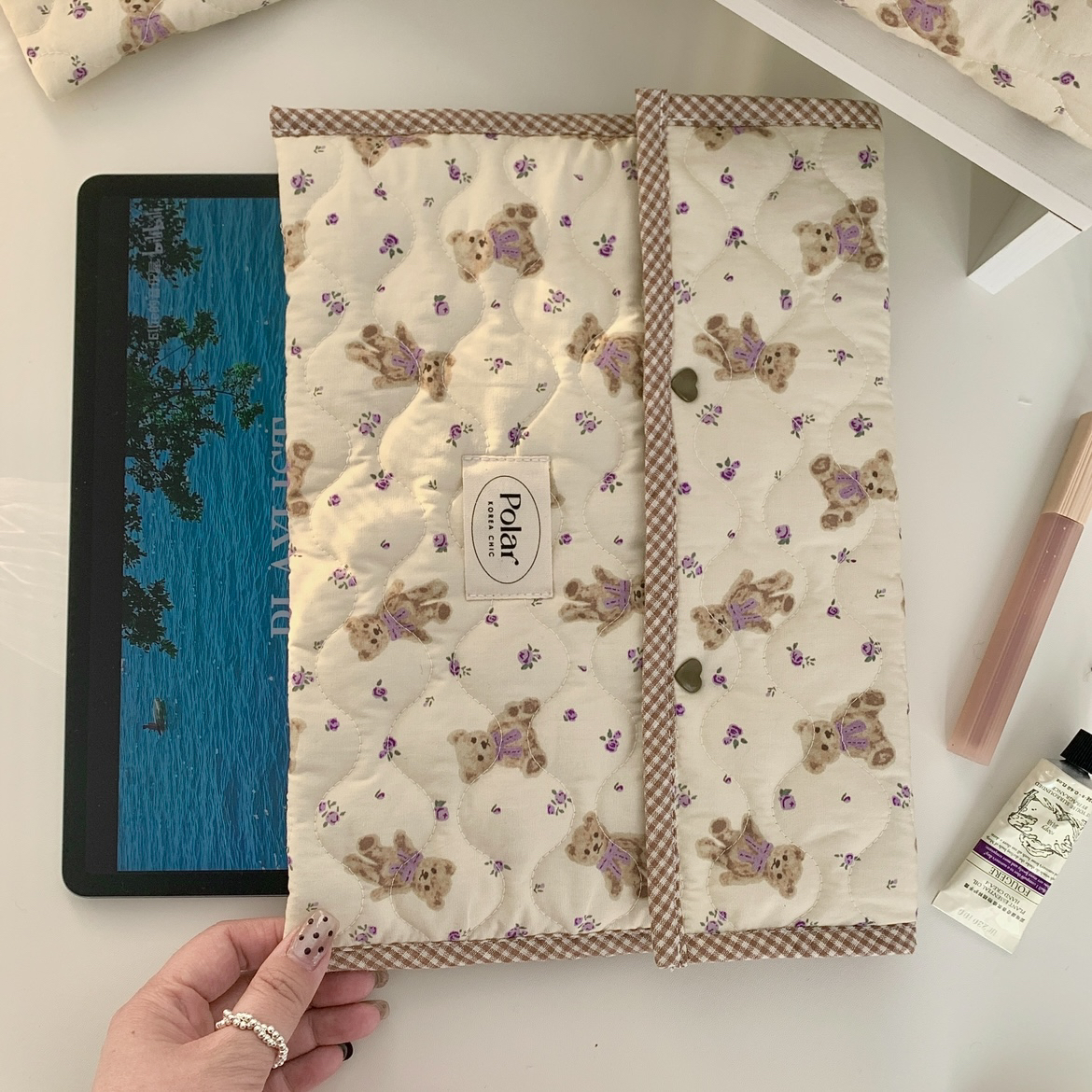 韩国进口薰衣草小熊手作平板包电脑包