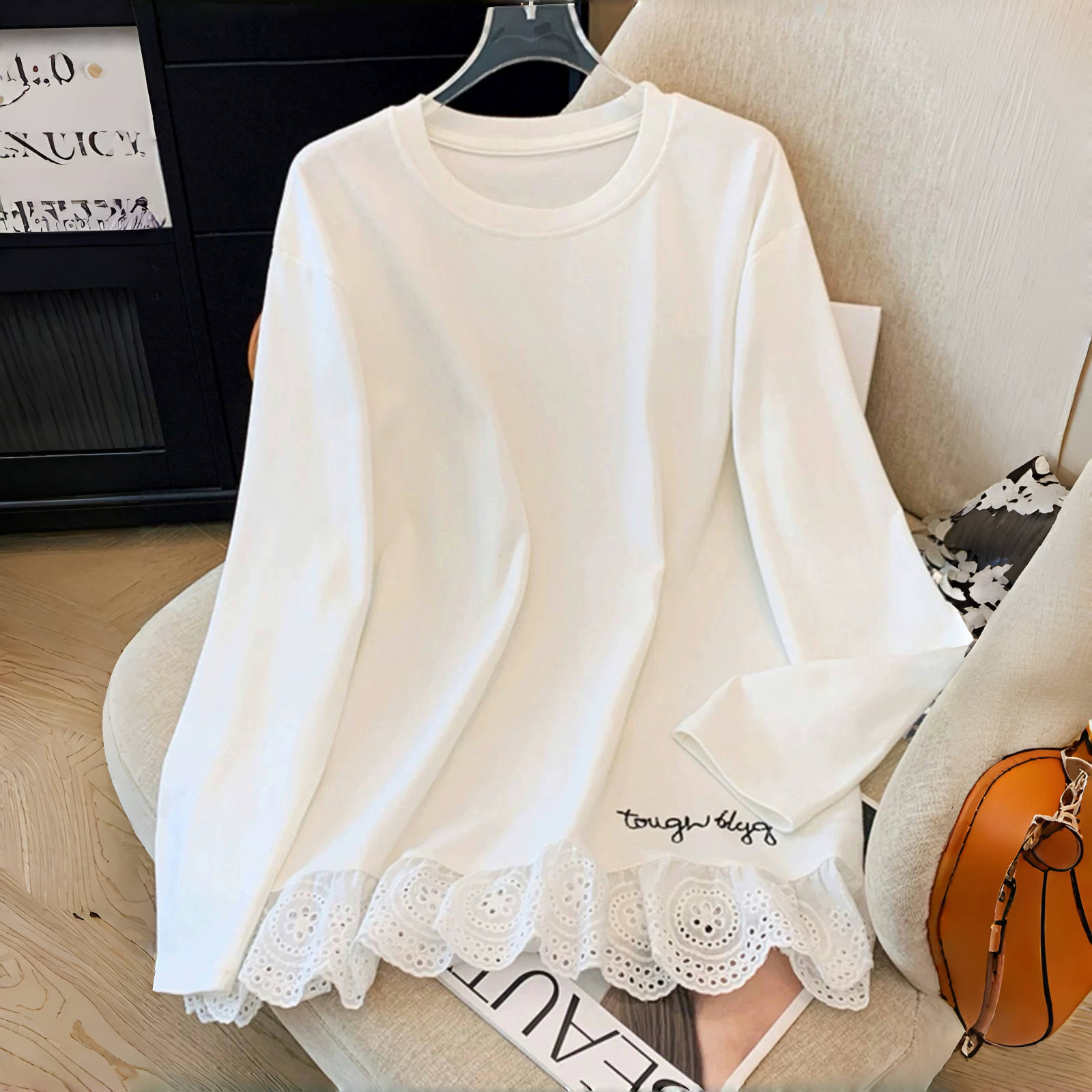 中大童女童打底2025年百搭韩版白色长袖拼接花边洋气打底衫D823款