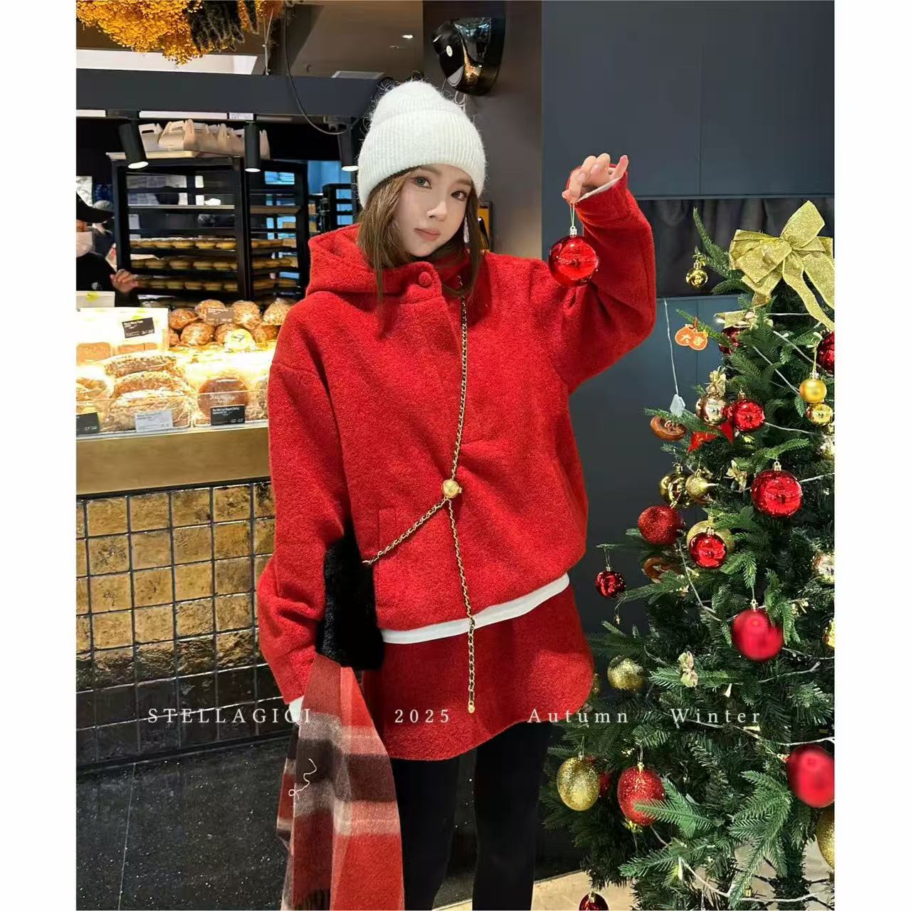 一套价格！冬装一套韩系高级感过年红色毛呢连帽卫衣半身裙两件套