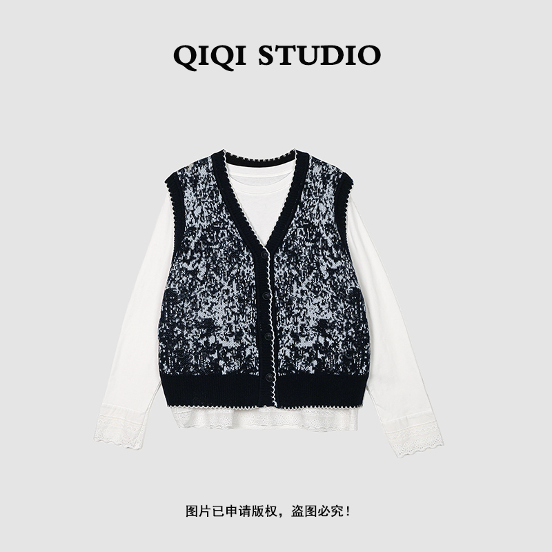 【复古提花】2025冬季针织马甲开衫女无袖背心+磨毛打底衫两件套