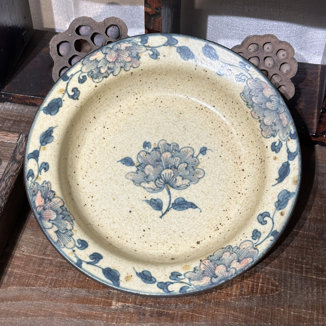 【近山古美】聆雨堂圆形牡丹蓄水茶盘手工手绘釉下高温