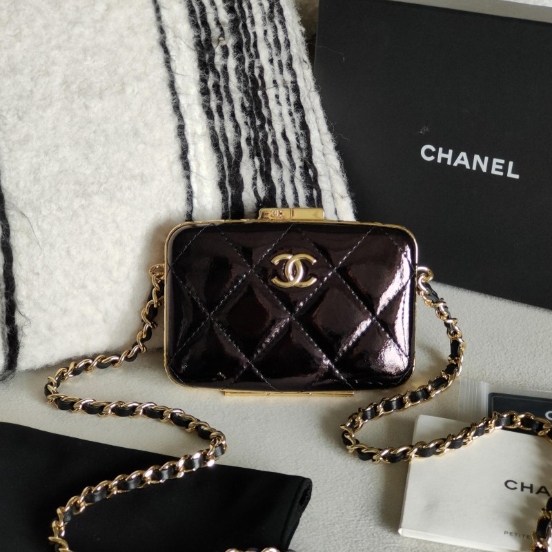 95新 Chanel/香奈儿 21A黑金山羊漆皮晚宴包 52404