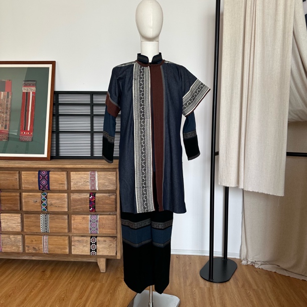 彝族复古长牛仔马甲男士套装