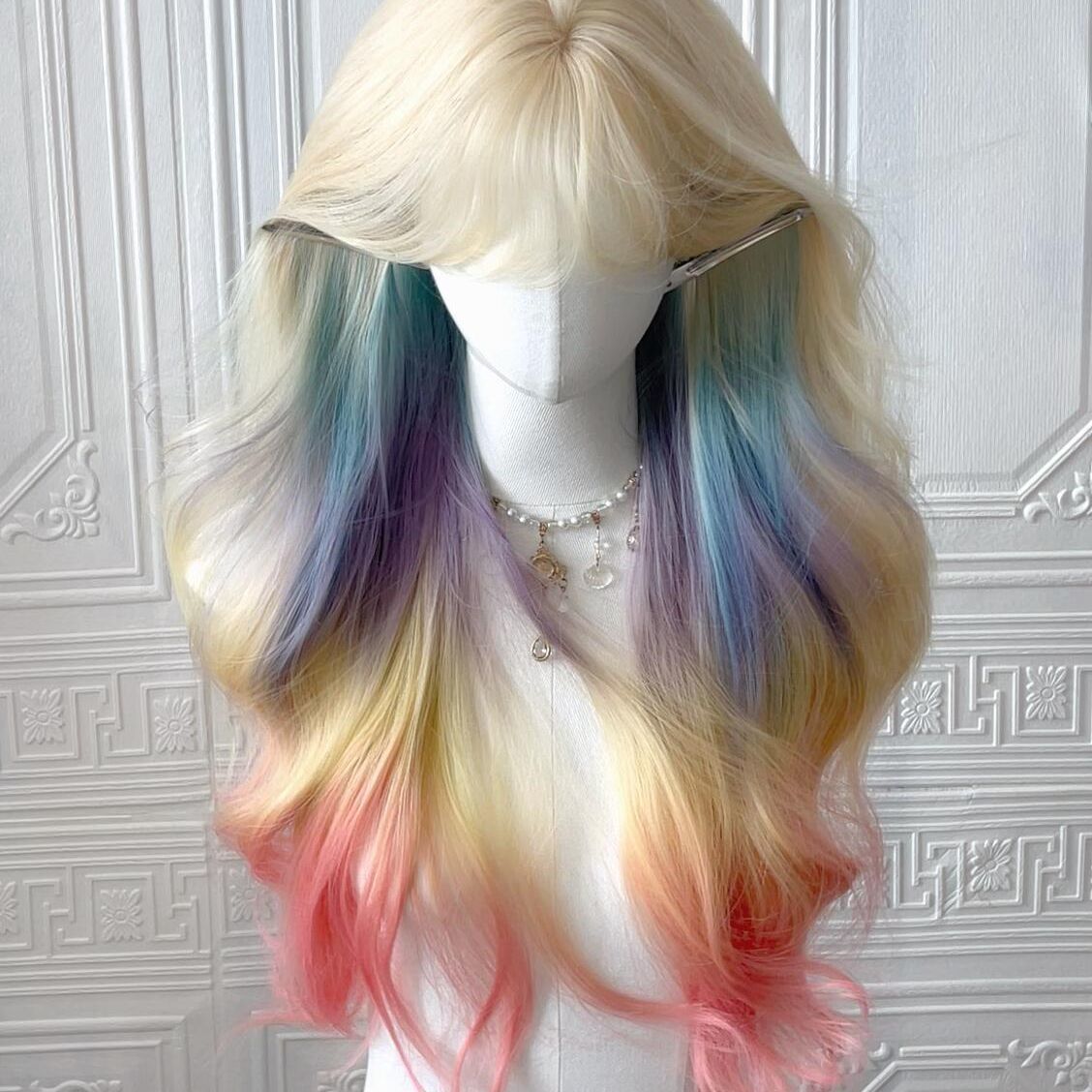 彩虹渐变长卷发假发女全头套甜美自然lolita风格