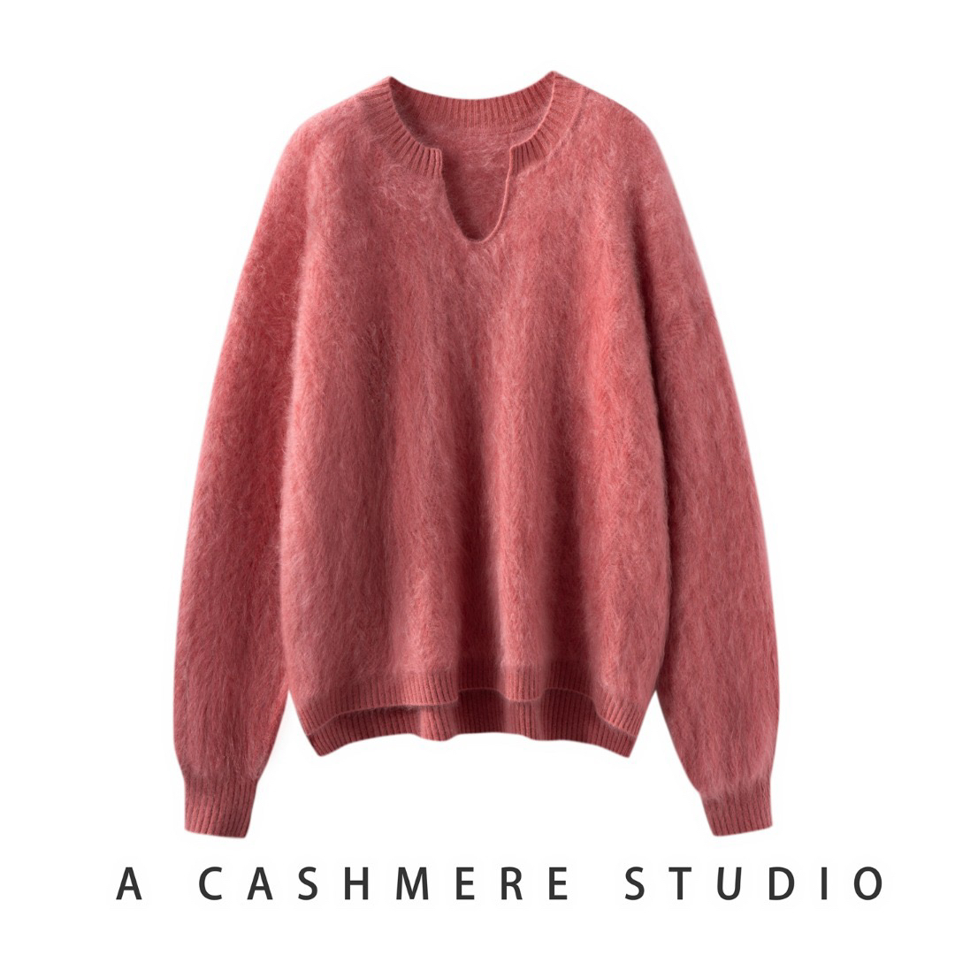 云感拉绒~100%纯山羊绒毛衣女秋冬新款剪刀领套头针织毛衣打底衫