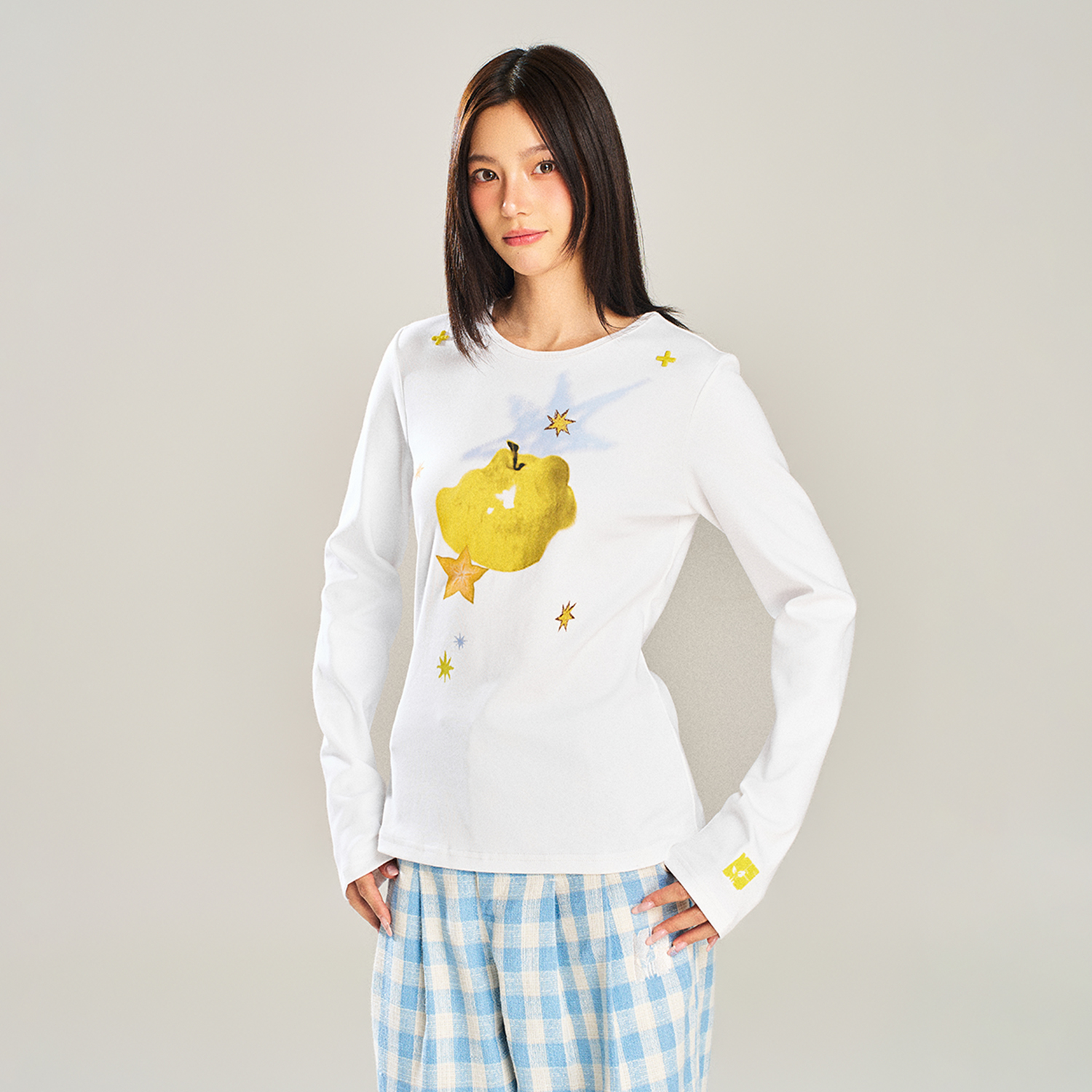 NSTNEW START发芽计划融化水果缤纷撞色长袖T恤秋修身正肩上衣