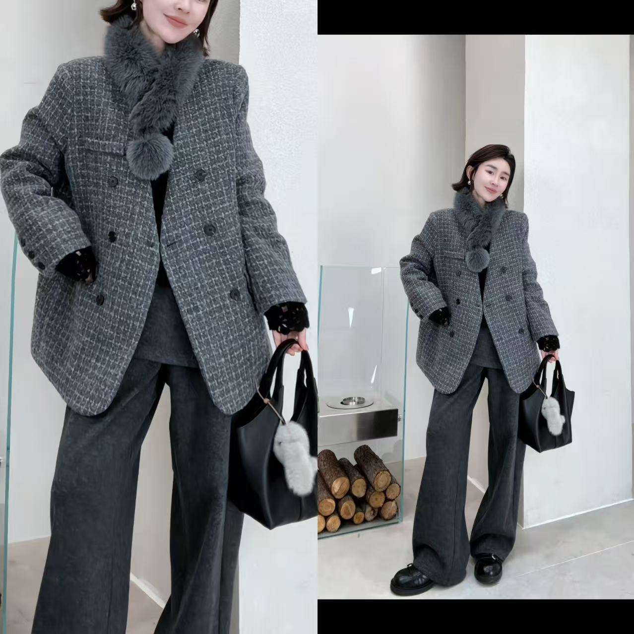 玖了个玖 2025冬款 极简百搭粗花呢毛呢小格纹羽绒服 2512C8932