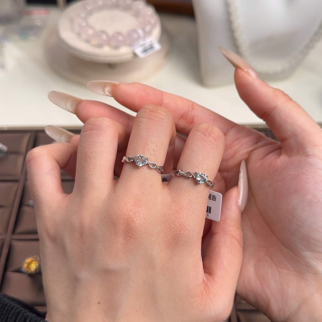 戒圈海蓝宝石银S925镶嵌爱心款多样发一