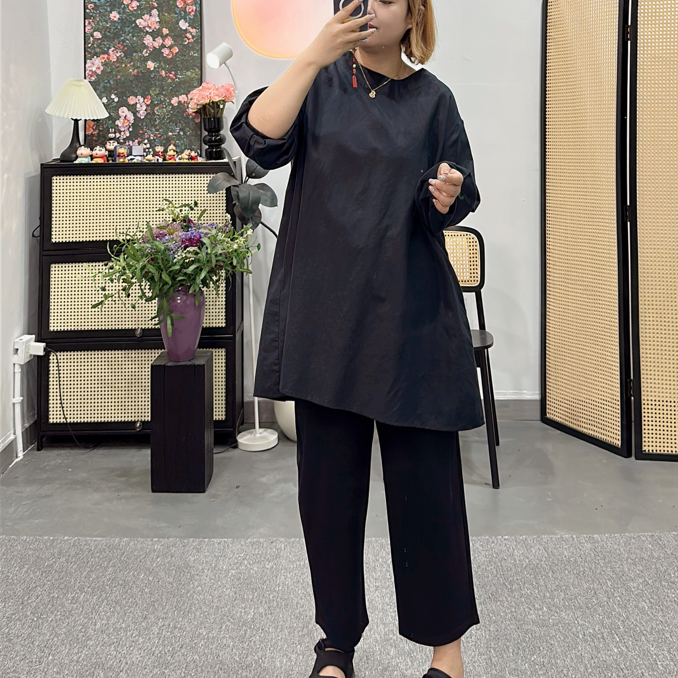 【程雅大码】夏款不挑腿型时髦极简抽极简抽绳九分高腰直筒赫本裤