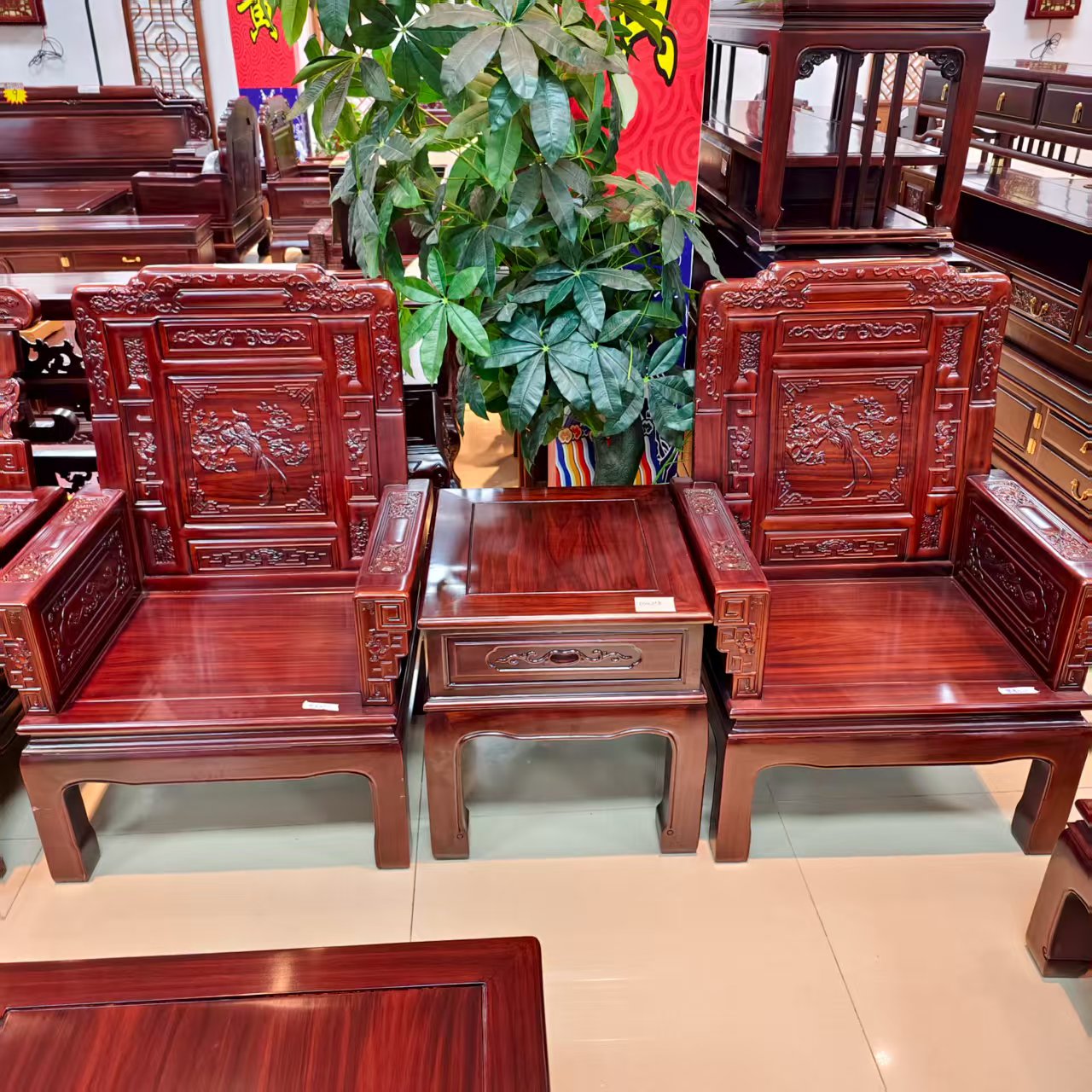 酸枝木 牡丹花鸟三件套占地长2m2宽70坐高40背高1.1m