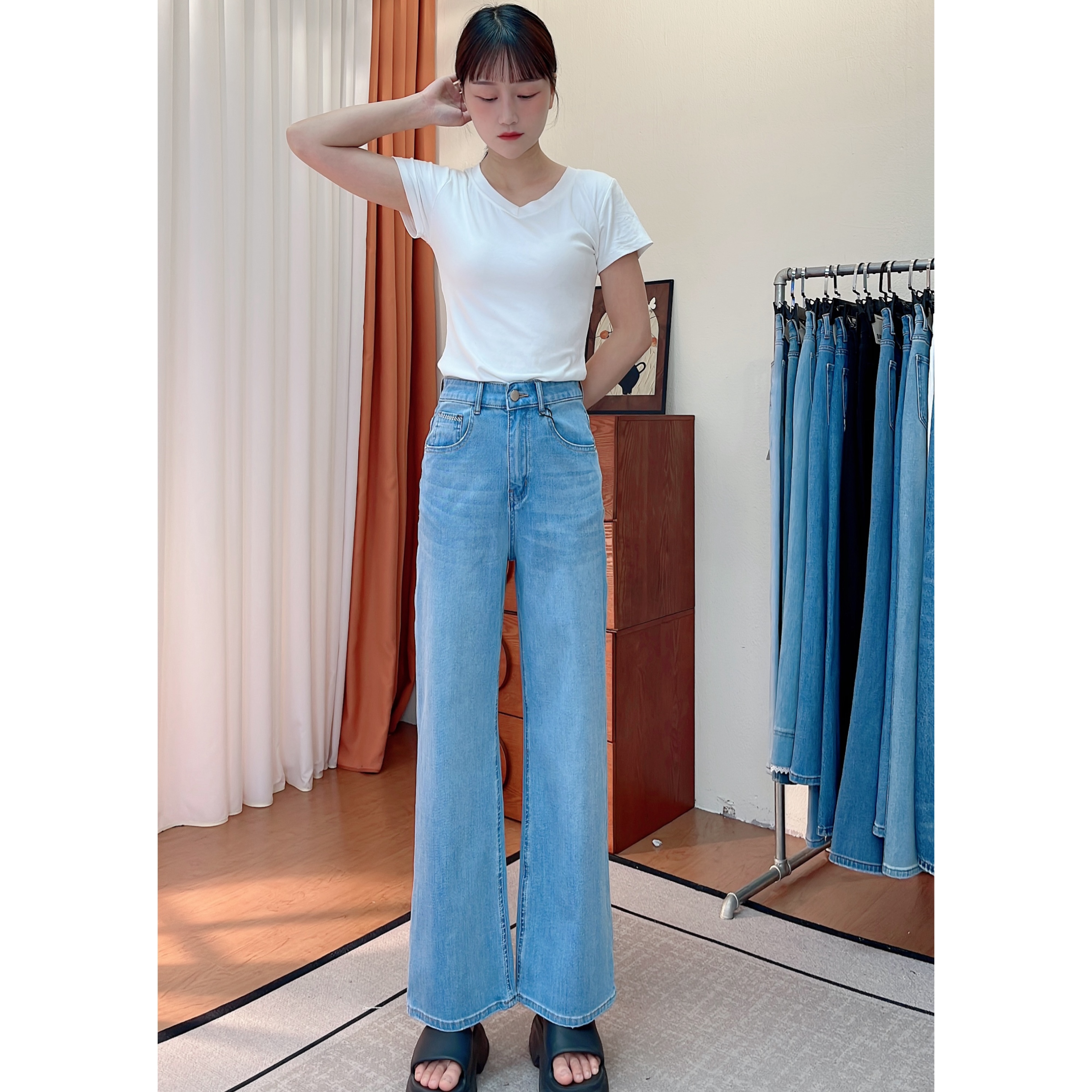 【632】牛仔裤女夏季薄款高腰四面弹九分阔腿裤