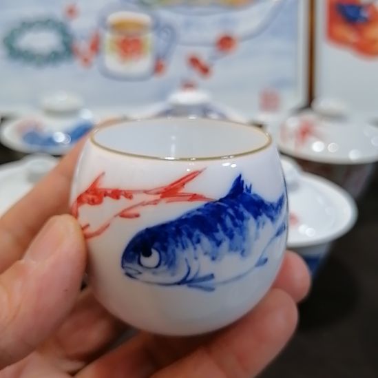 西***庆陶摆件景德镇陶瓷手绘不倒翁八大鱼