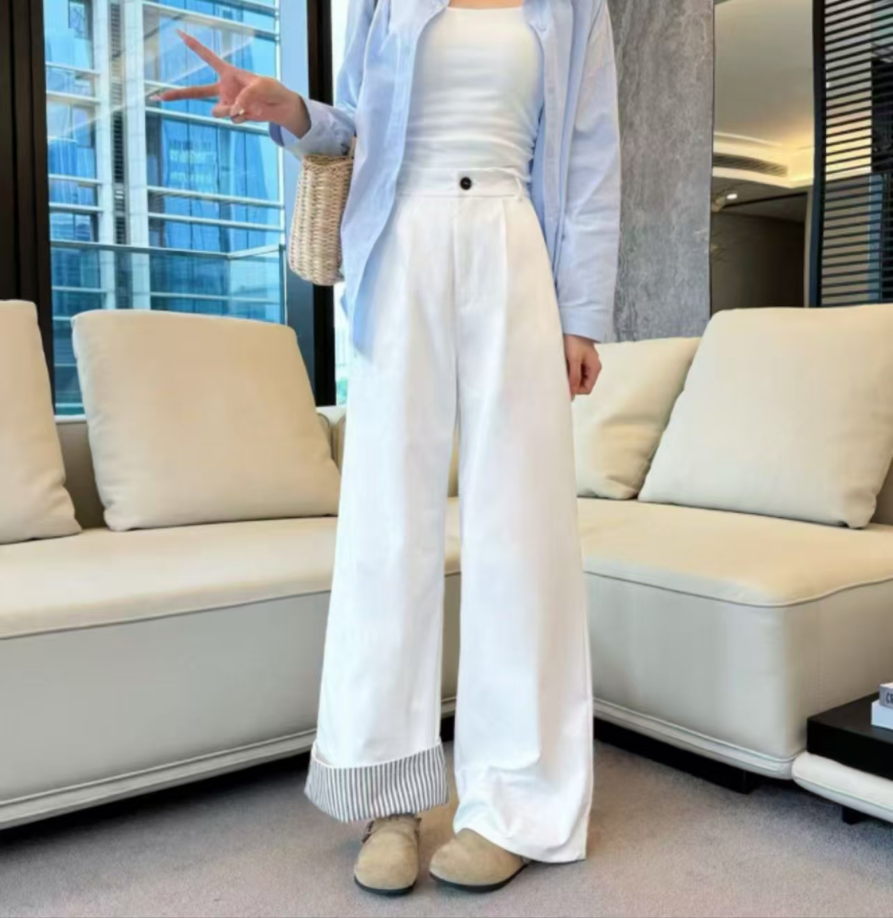 日韩系T两穿拼接条纹翻卷边洗水棉阔腿裤女复古宽松直筒休闲裤子