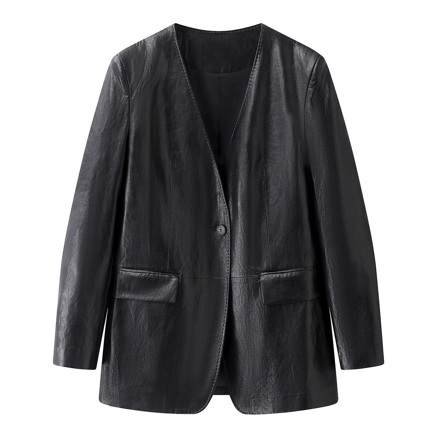 【直播专享】2026春黑色宽松中长款皮衣外套BR101183