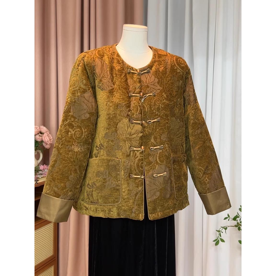 新中式风中老年女装植绒盘扣开衫妈妈装保暖外套奶奶唐装夹棉外套