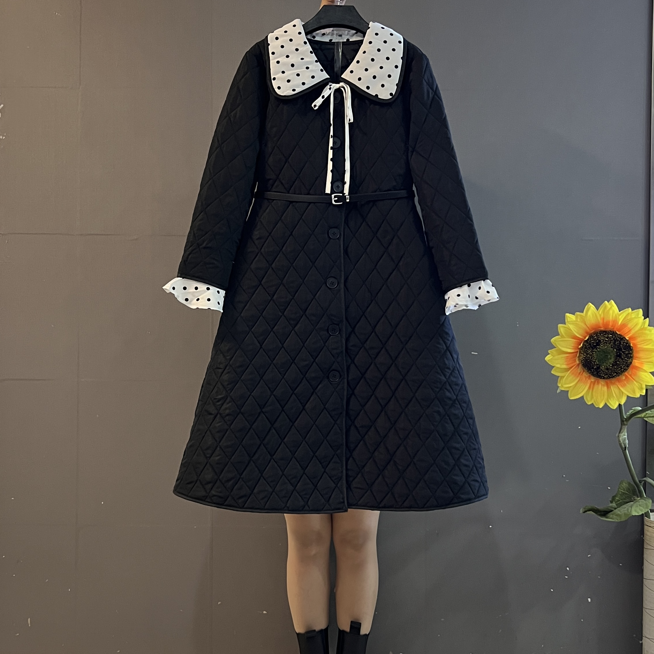 秋季新款韩系复古波点娃娃领系带蝴蝶结收腰显瘦中长款棉服大衣