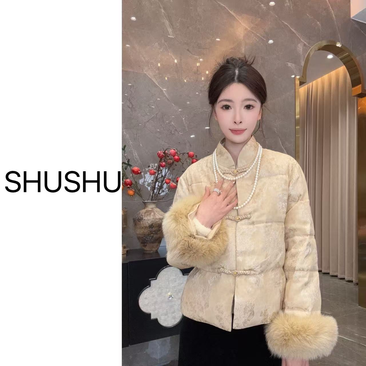 现货【灼灼芳华】冬季新中式时尚气质百搭轻奢提花保暖狐狸毛鹅绒服