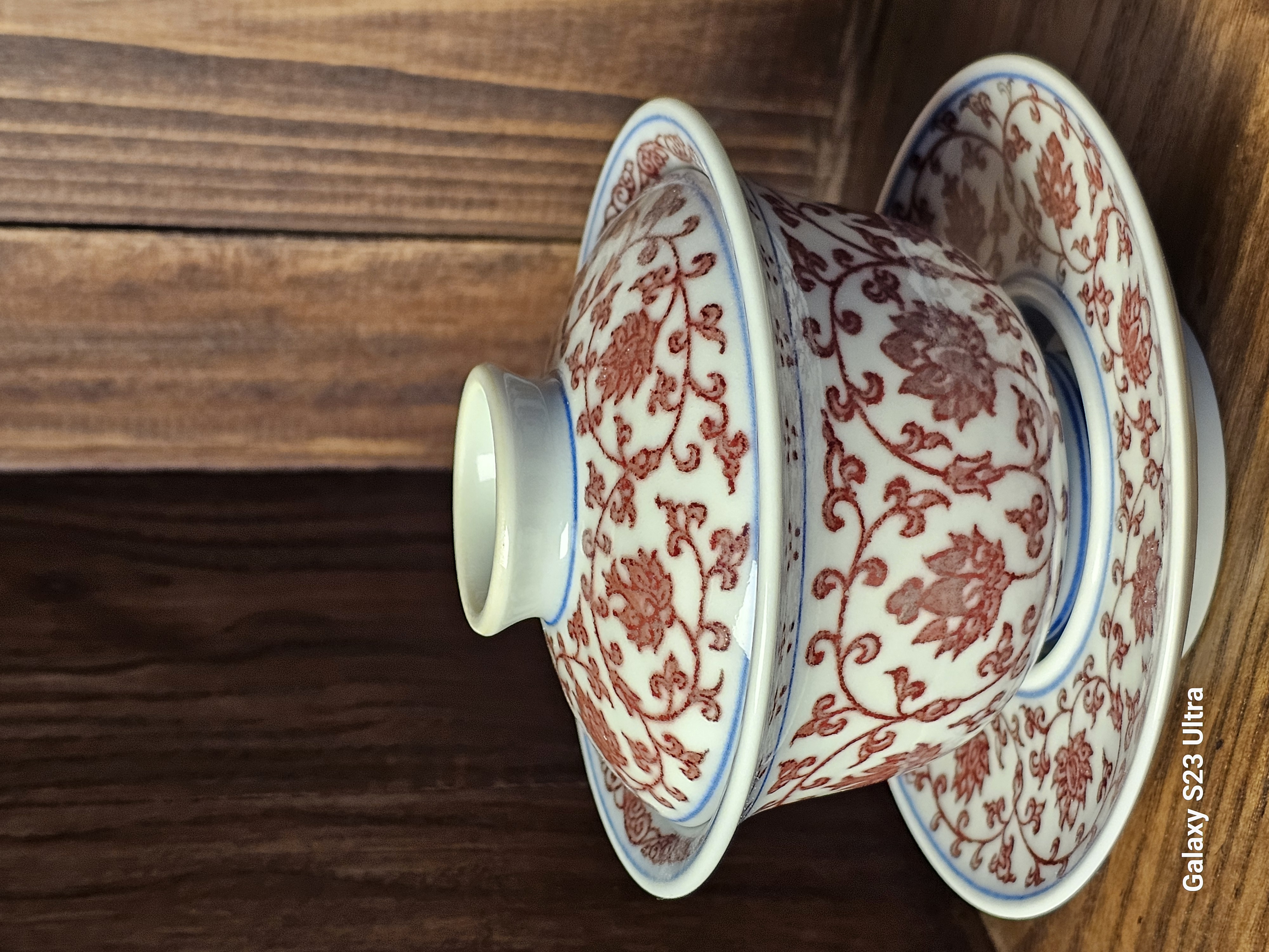 柴窑釉里红三才盖碗陶瓷缠枝茶杯红盖矾红茶具