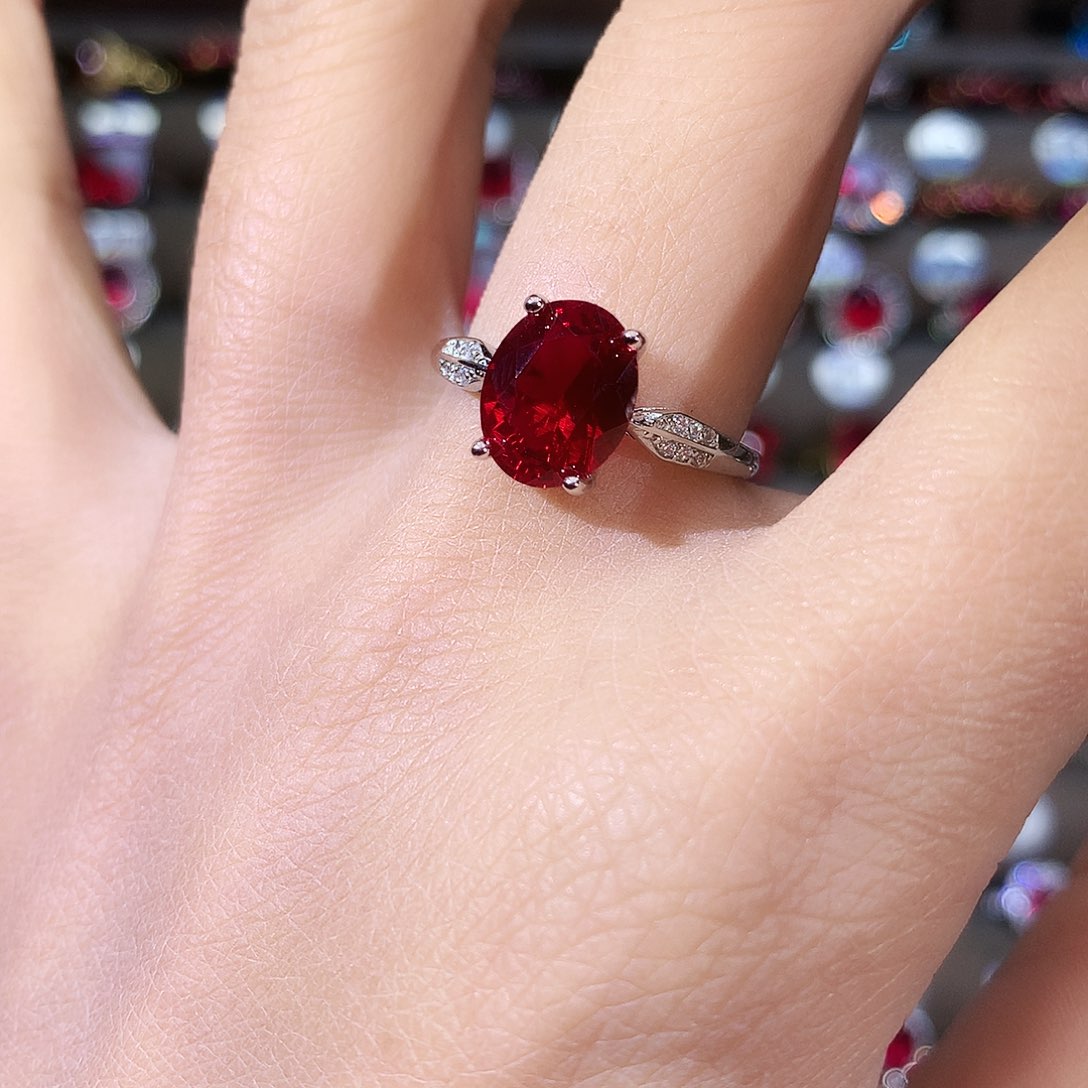 银S925镶嵌戒指红宝石酒红白810