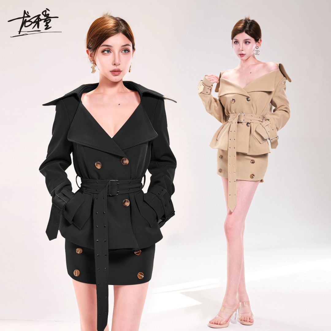 龙牙童推荐【三穿风衣】秋季气质韩版复古风衣套装百搭收腰英伦风