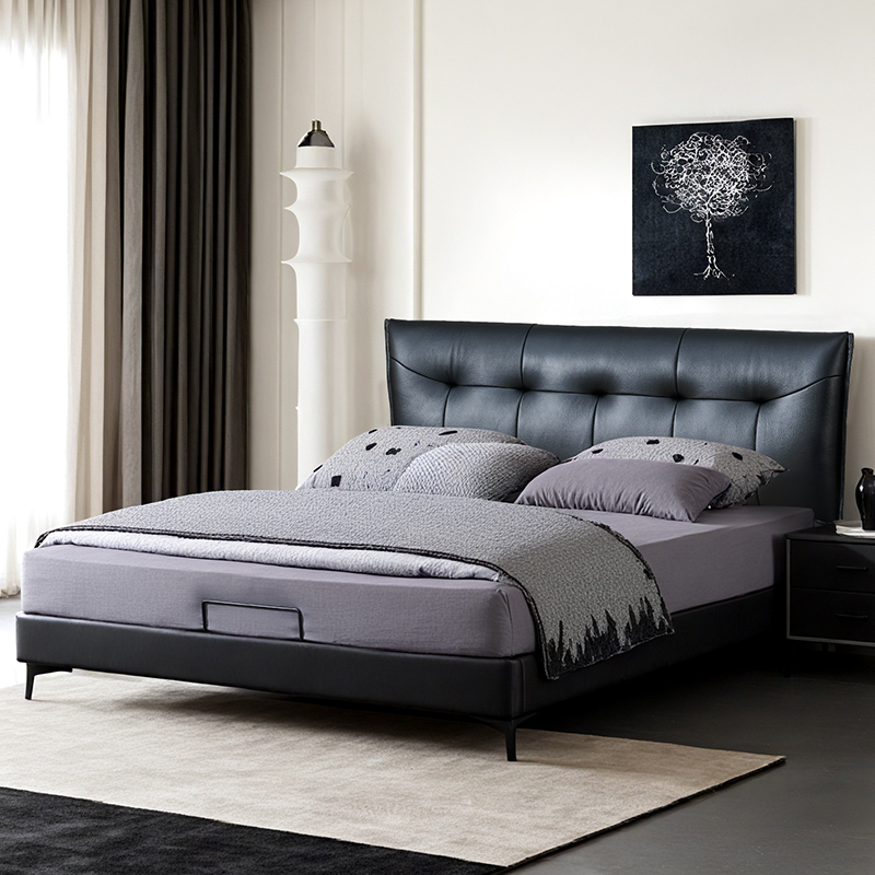 双虎意式极简真皮床高端大气主卧简约轻奢实木双人软床28RC801